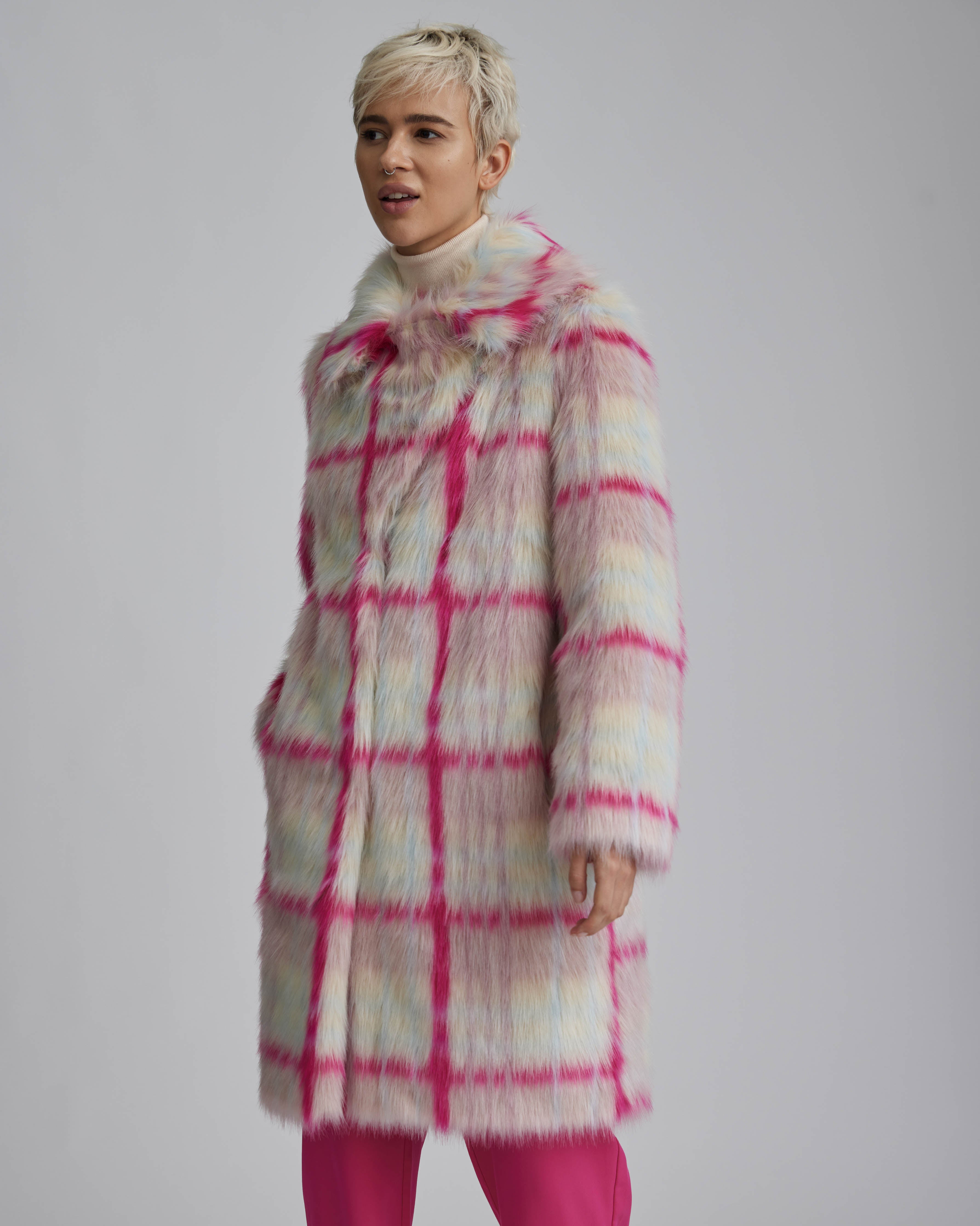 Patterned faux fur top coat