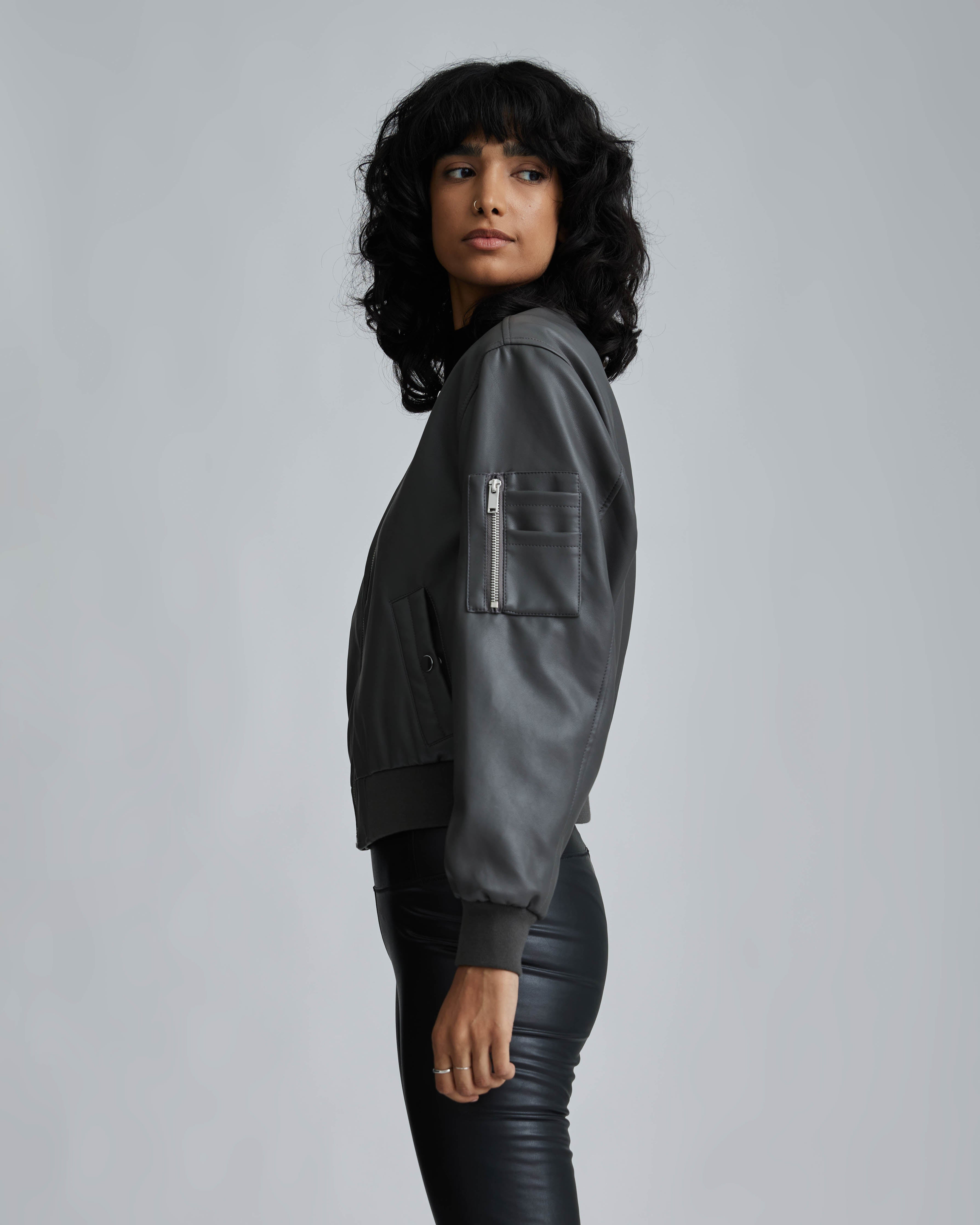 Vegan leather shop bomber jacket womens