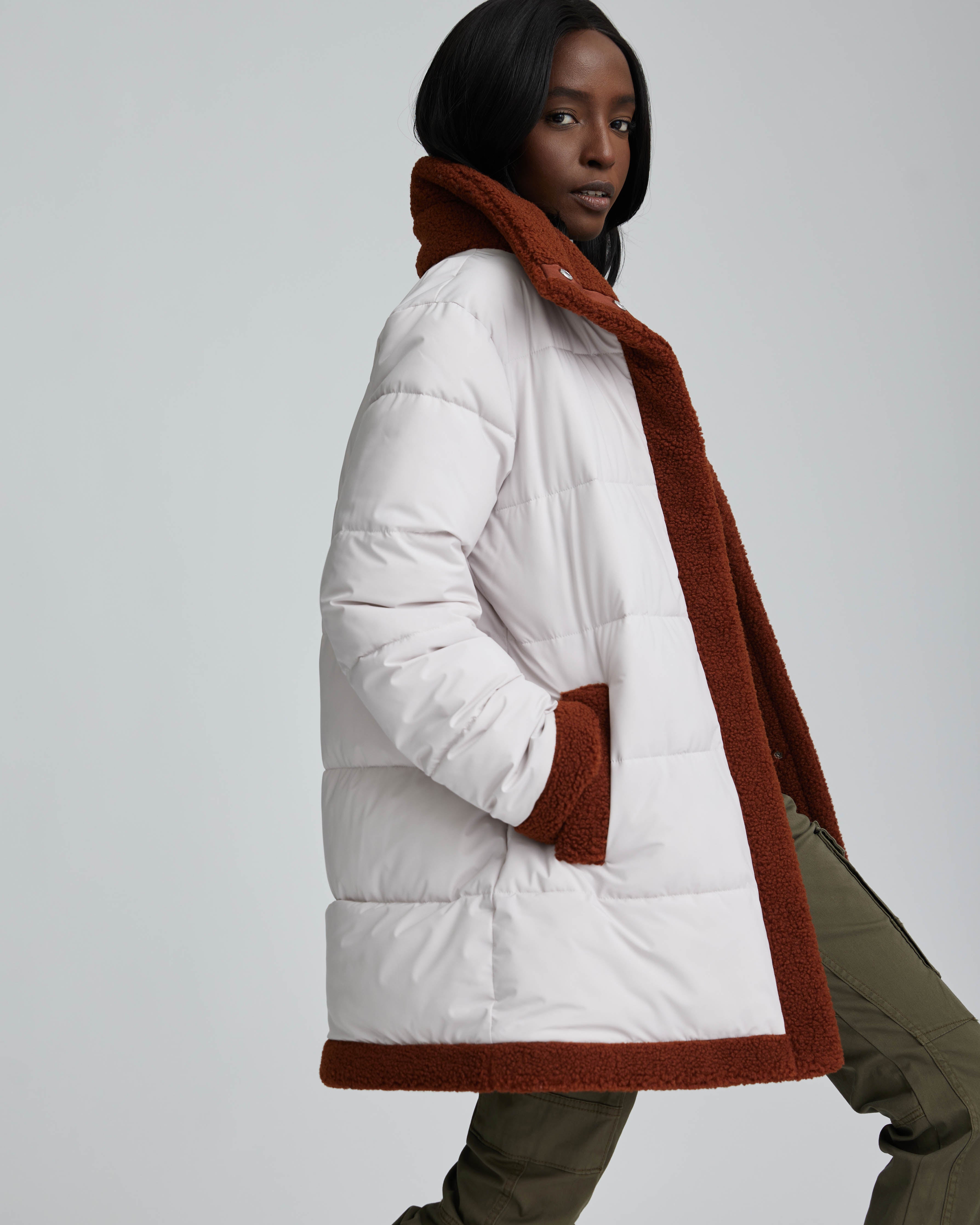 Mixed media puffer coat best sale