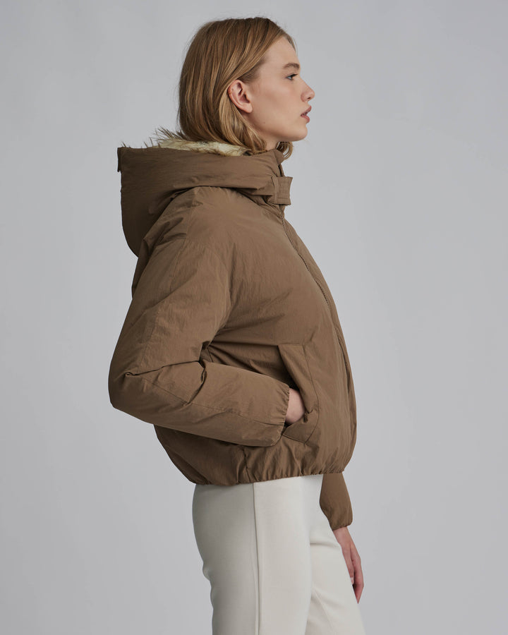 Crinkle Padded Faux Fur Hooded Jacket
