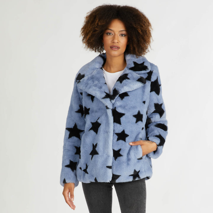 Star Print Faux Fur Jacket