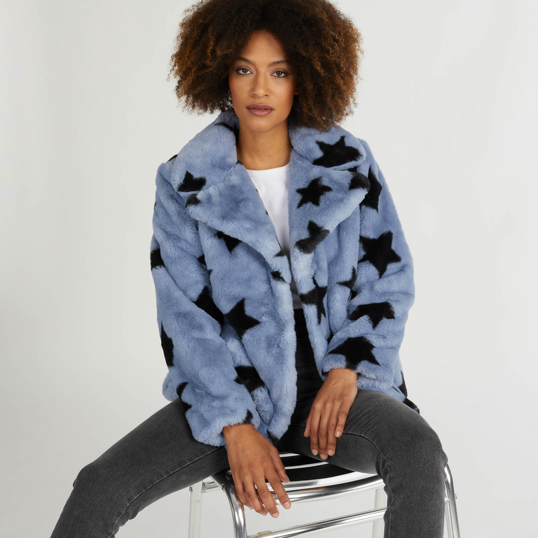 Star Print Faux Fur Jacket