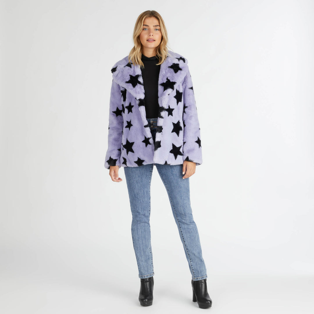 Star Print Faux Fur Jacket