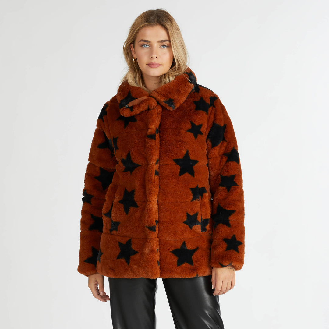 Star Print Faux Fur Puffer