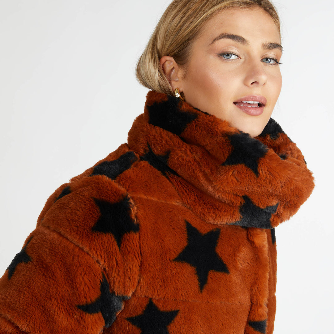 Star Print Faux Fur Puffer